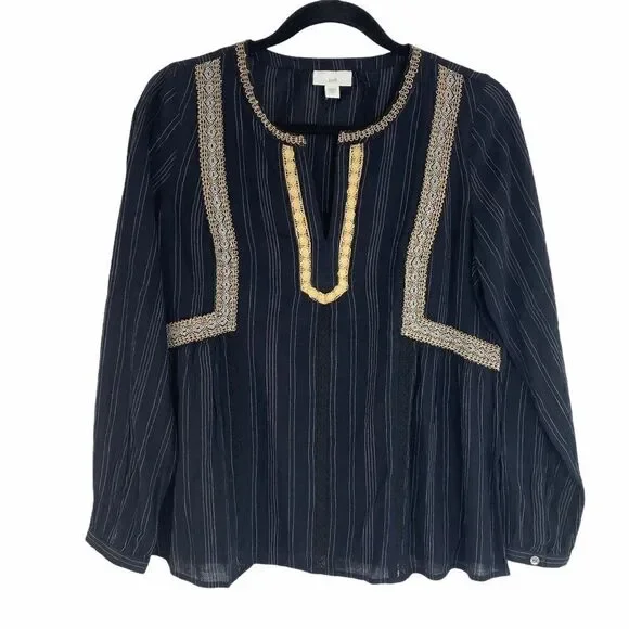 J Jill Peasant Blouse XS Black White Stripe Lace - Picture 2 of 14